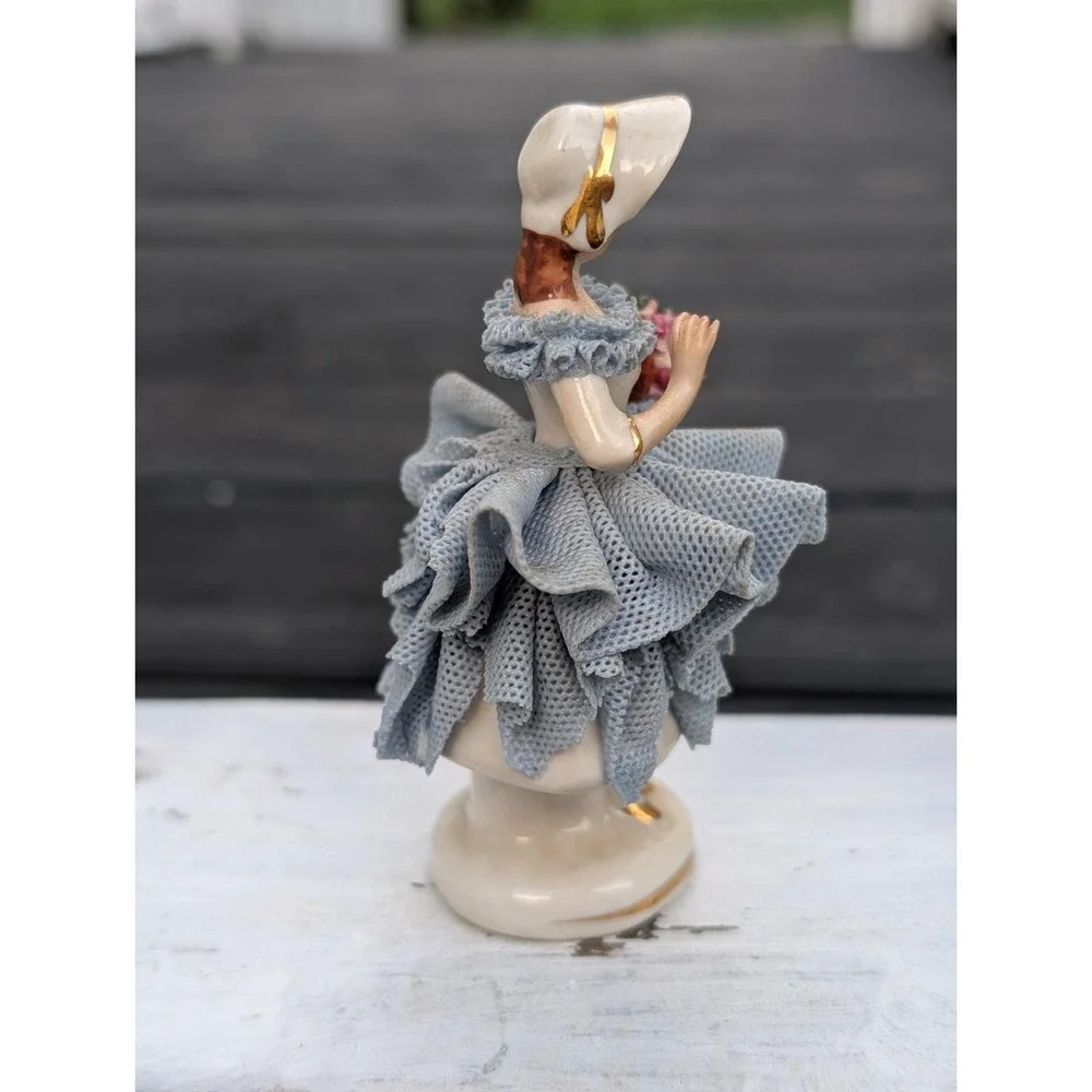 Vintage Dresden Porcelain Lace Figurine Carrying Basket of Flowers